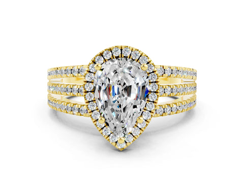 Yellow gold {shape_name} Moissanite Halo Engagement Ring with Split Shank and Four-Prong Setting