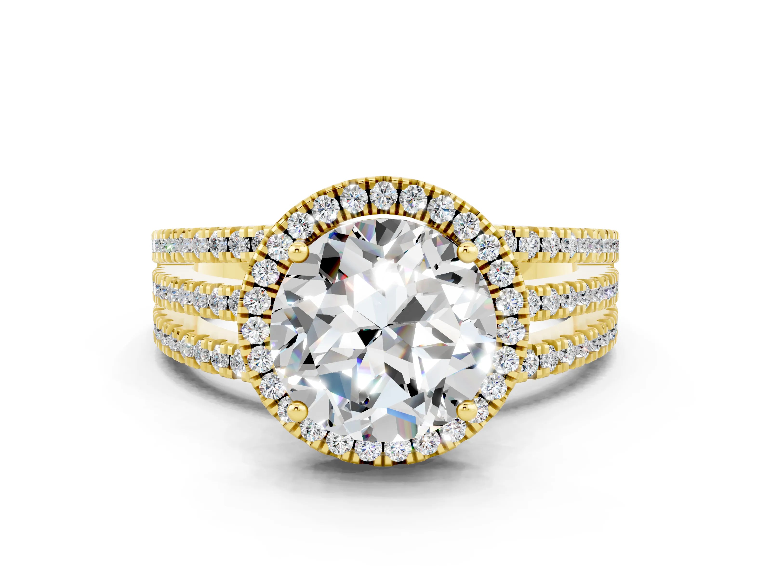 Yellow gold {shape_name} Moissanite Halo Engagement Ring with Split Shank and Four-Prong Setting