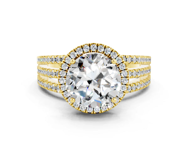 Yellow gold Round Cut Moissanite Halo Engagement Ring with Split Shank and Four-Prong Setting