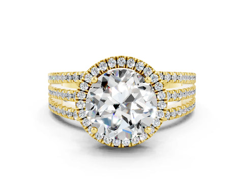 Yellow gold {shape_name} Moissanite Halo Engagement Ring with Split Shank and Four-Prong Setting