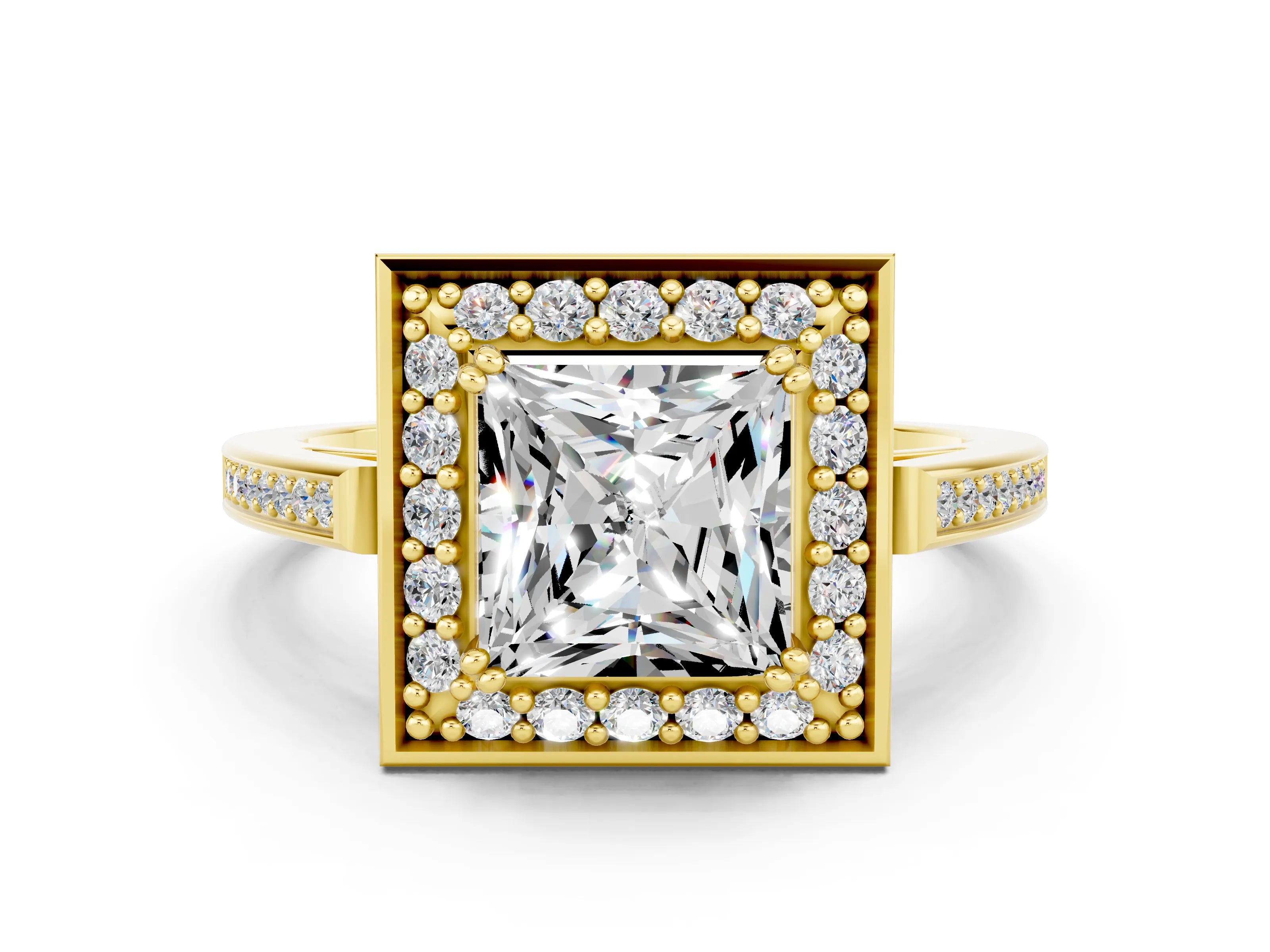 Yellow gold {shape_name} Moissanite Halo Ring with Split Shank and Four-Prong Setting