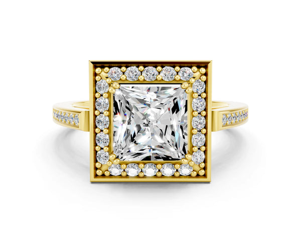 Yellow gold Princess Cut Moissanite Halo Ring with Split Shank and Four-Prong Setting