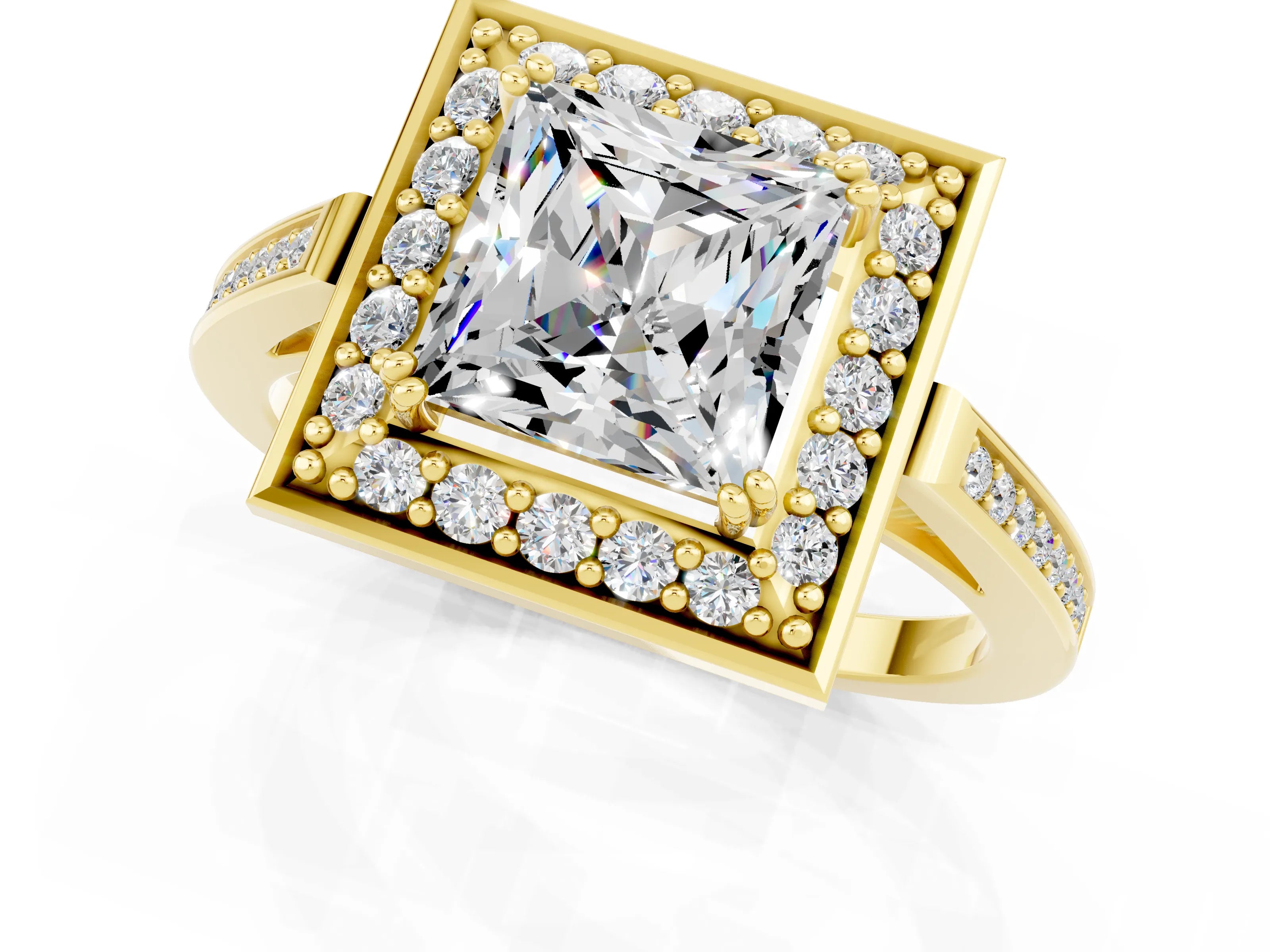 Yellow gold {shape_name} Moissanite Halo Ring with Split Shank and Four-Prong Setting_1