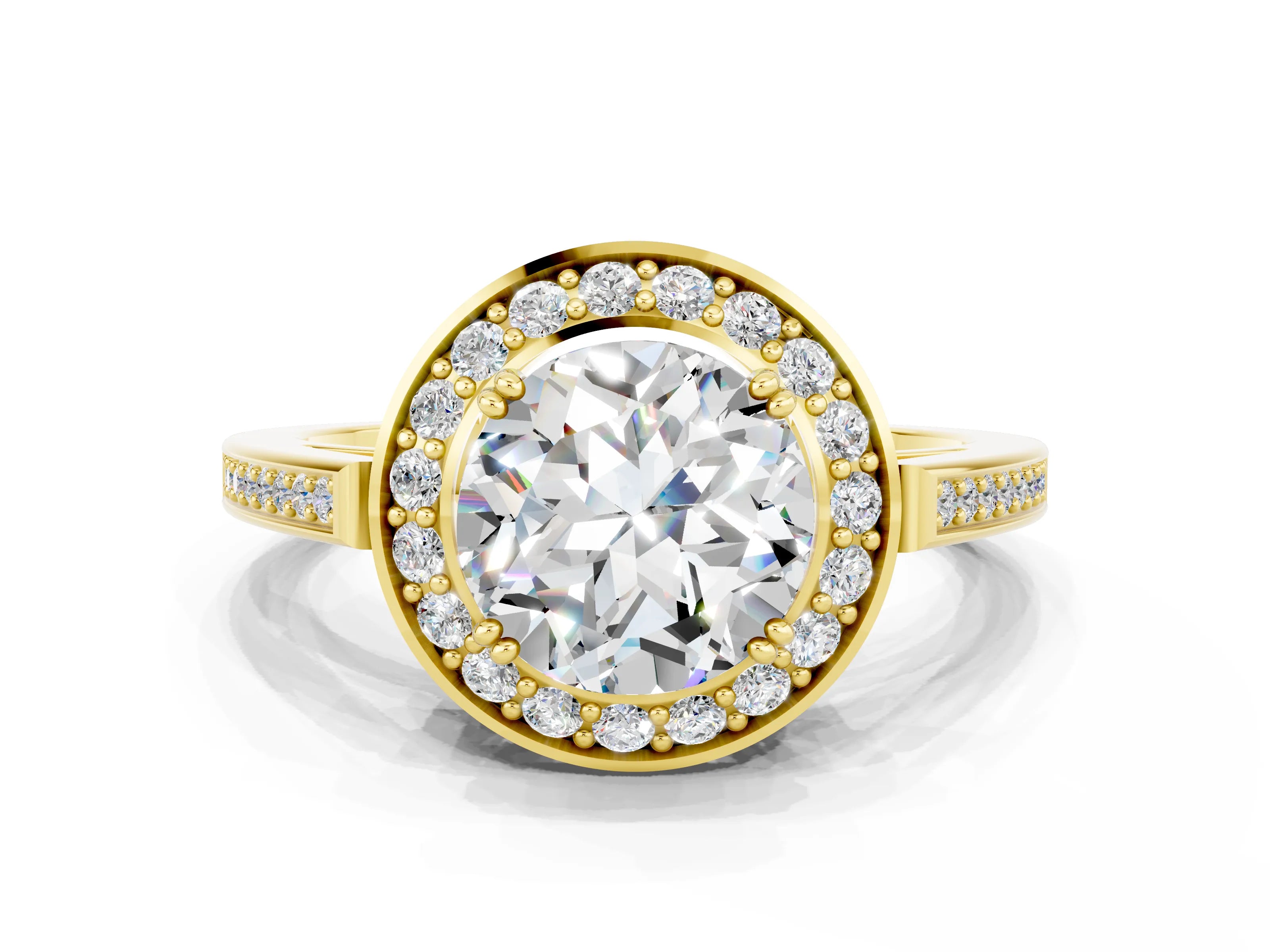 Yellow gold {shape_name} Moissanite Halo Ring with Split Shank and Four-Prong Setting