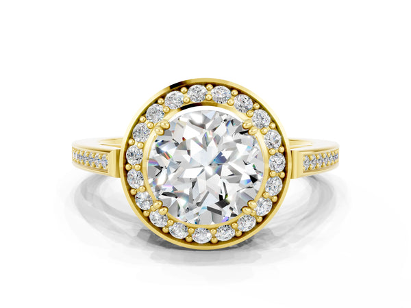 Yellow gold Round Cut Moissanite Halo Ring with Split Shank and Four-Prong Setting