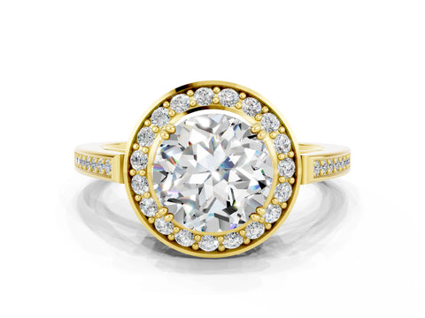 Yellow gold {shape_name} Moissanite Halo Ring with Split Shank and Four-Prong Setting