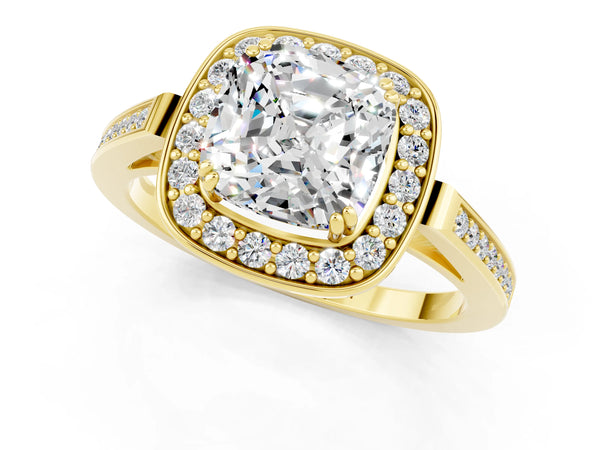 Yellow gold Cushion Cut Moissanite Halo Ring with Split Shank and Four-Prong Setting