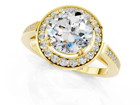 Yellow gold {shape_name} Moissanite Halo Ring with Split Shank and Four-Prong Setting_1