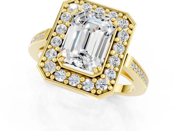 Yellow gold Emerald Cut Moissanite Halo Ring with Split Shank and Four-Prong Setting