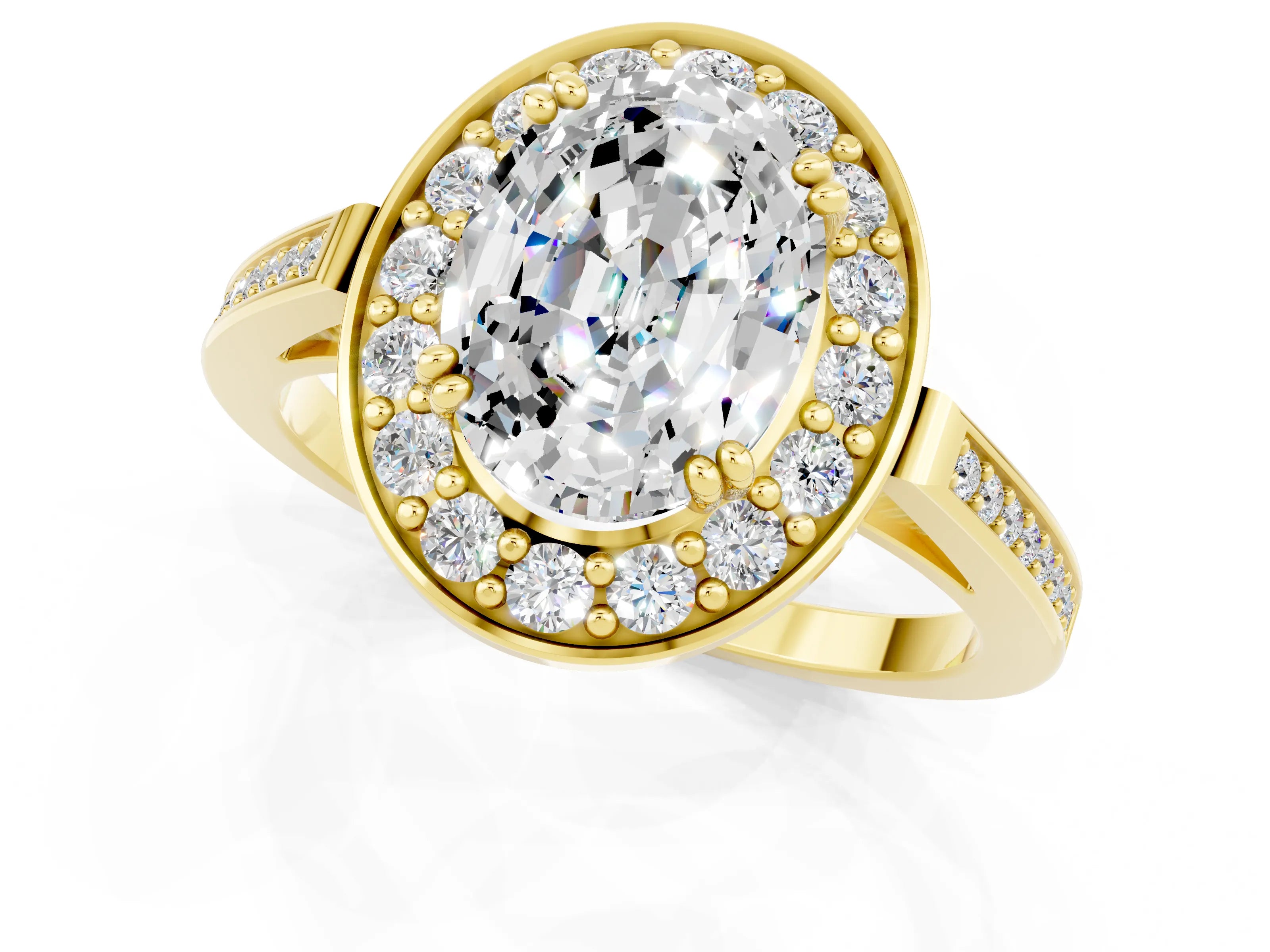 Yellow gold {shape_name} Moissanite Halo Ring with Split Shank and Four-Prong Setting_1