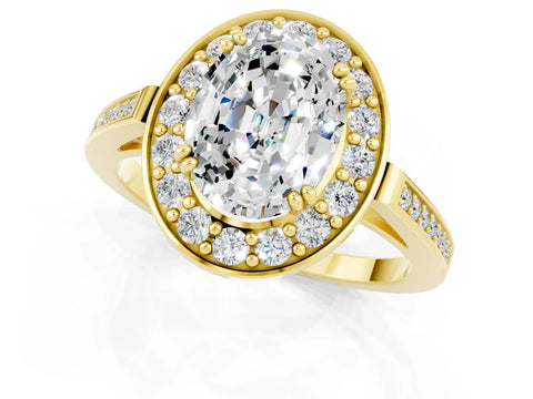Yellow gold {shape_name} Moissanite Halo Ring with Split Shank and Four-Prong Setting_1