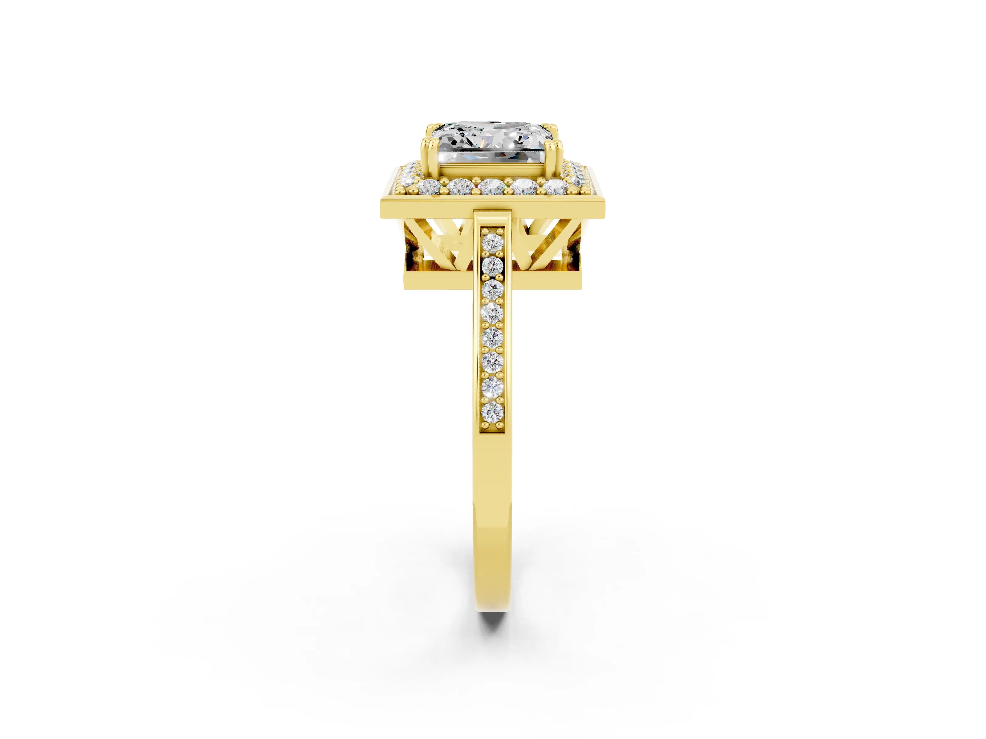 Yellow gold {shape_name} Moissanite Halo Ring with Split Shank and Four-Prong Setting_2