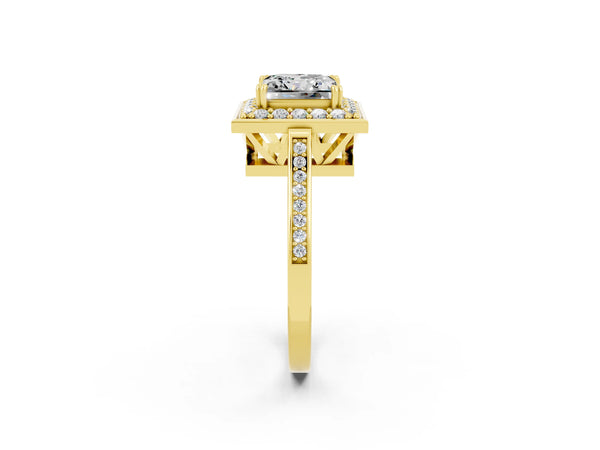 Yellow gold Princess Cut Moissanite Halo Ring with Split Shank and Four-Prong Setting