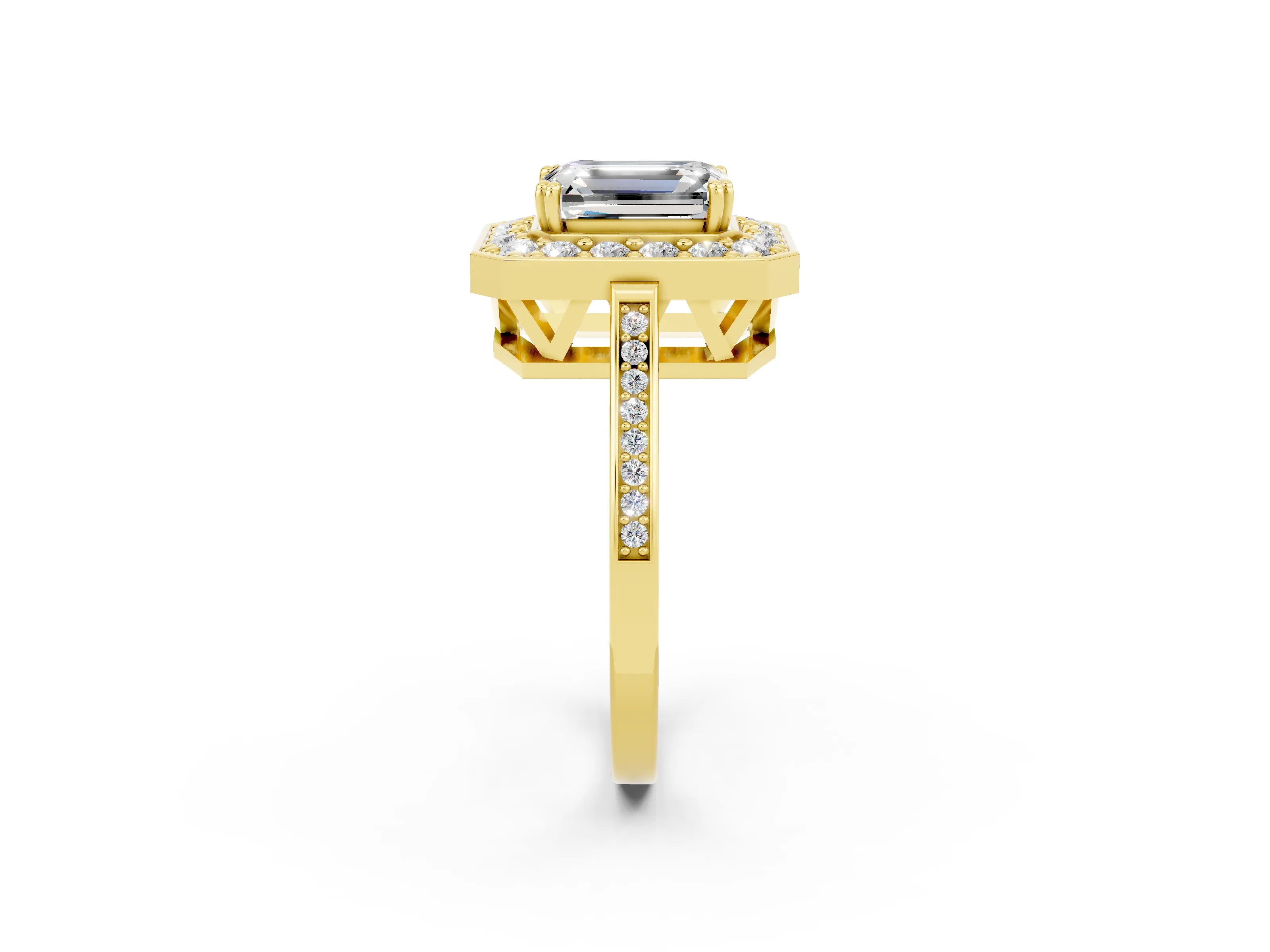 Yellow gold {shape_name} Moissanite Halo Ring with Split Shank and Four-Prong Setting_2