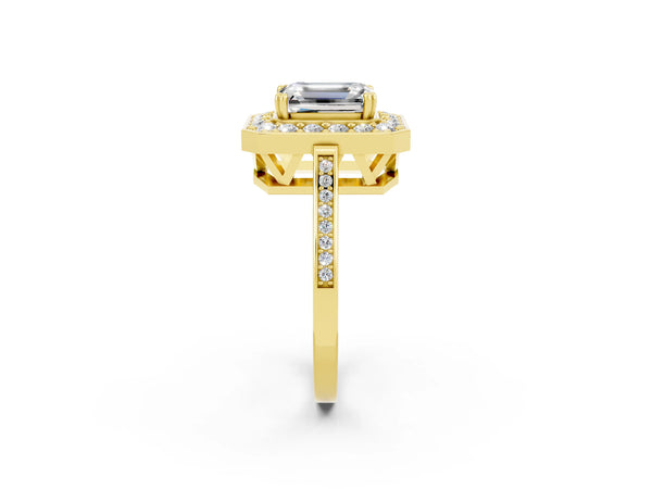 Yellow gold Emerald Cut Moissanite Halo Ring with Split Shank and Four-Prong Setting