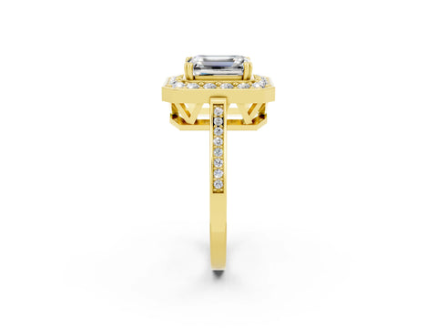 Yellow gold {shape_name} Moissanite Halo Ring with Split Shank and Four-Prong Setting_2