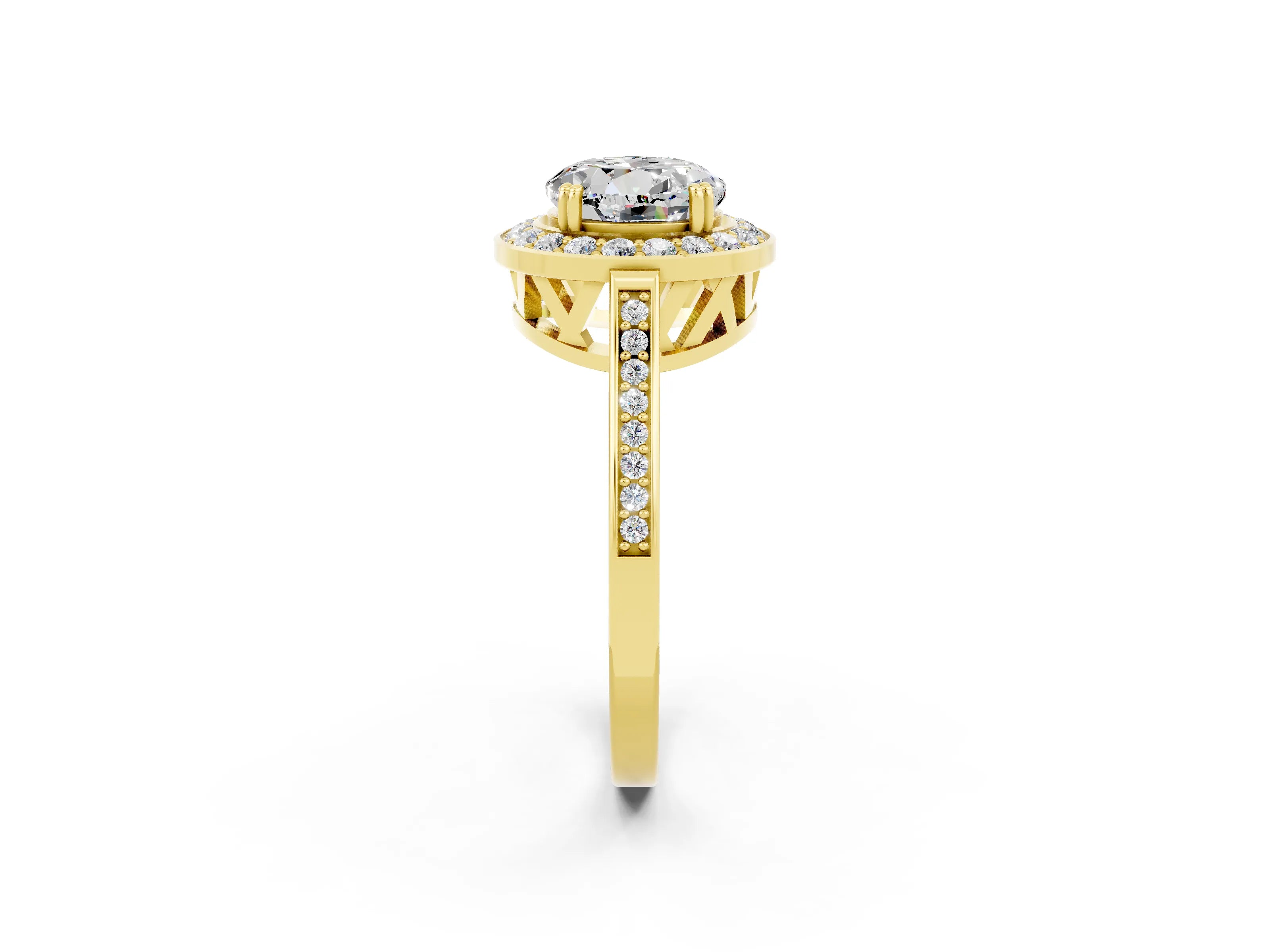 Yellow gold {shape_name} Moissanite Halo Ring with Split Shank and Four-Prong Setting_2