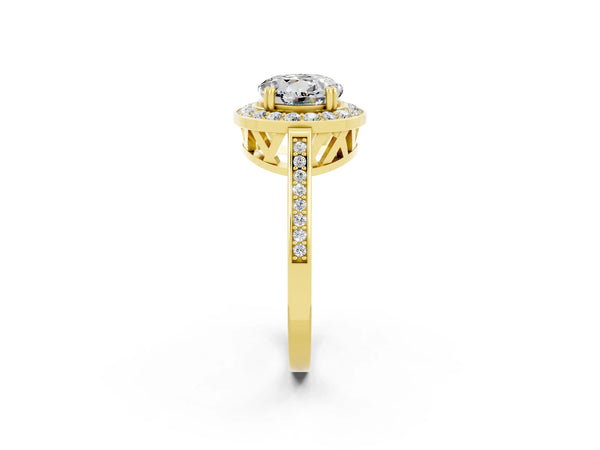 Yellow gold Round Cut Moissanite Halo Ring with Split Shank and Four-Prong Setting