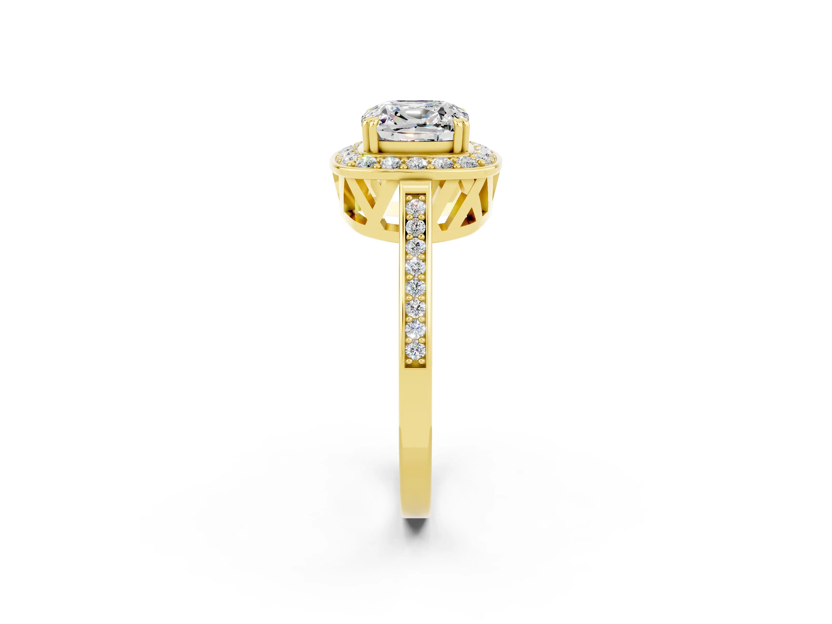 Yellow gold {shape_name} Moissanite Halo Ring with Split Shank and Four-Prong Setting_2