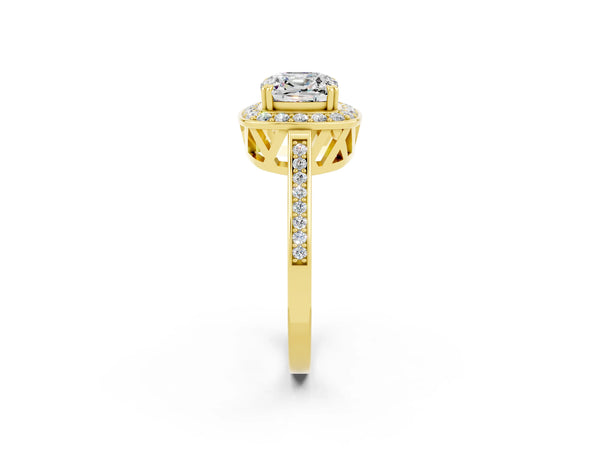 Yellow gold Cushion Cut Moissanite Halo Ring with Split Shank and Four-Prong Setting