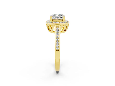 Yellow gold {shape_name} Moissanite Halo Ring with Split Shank and Four-Prong Setting_2