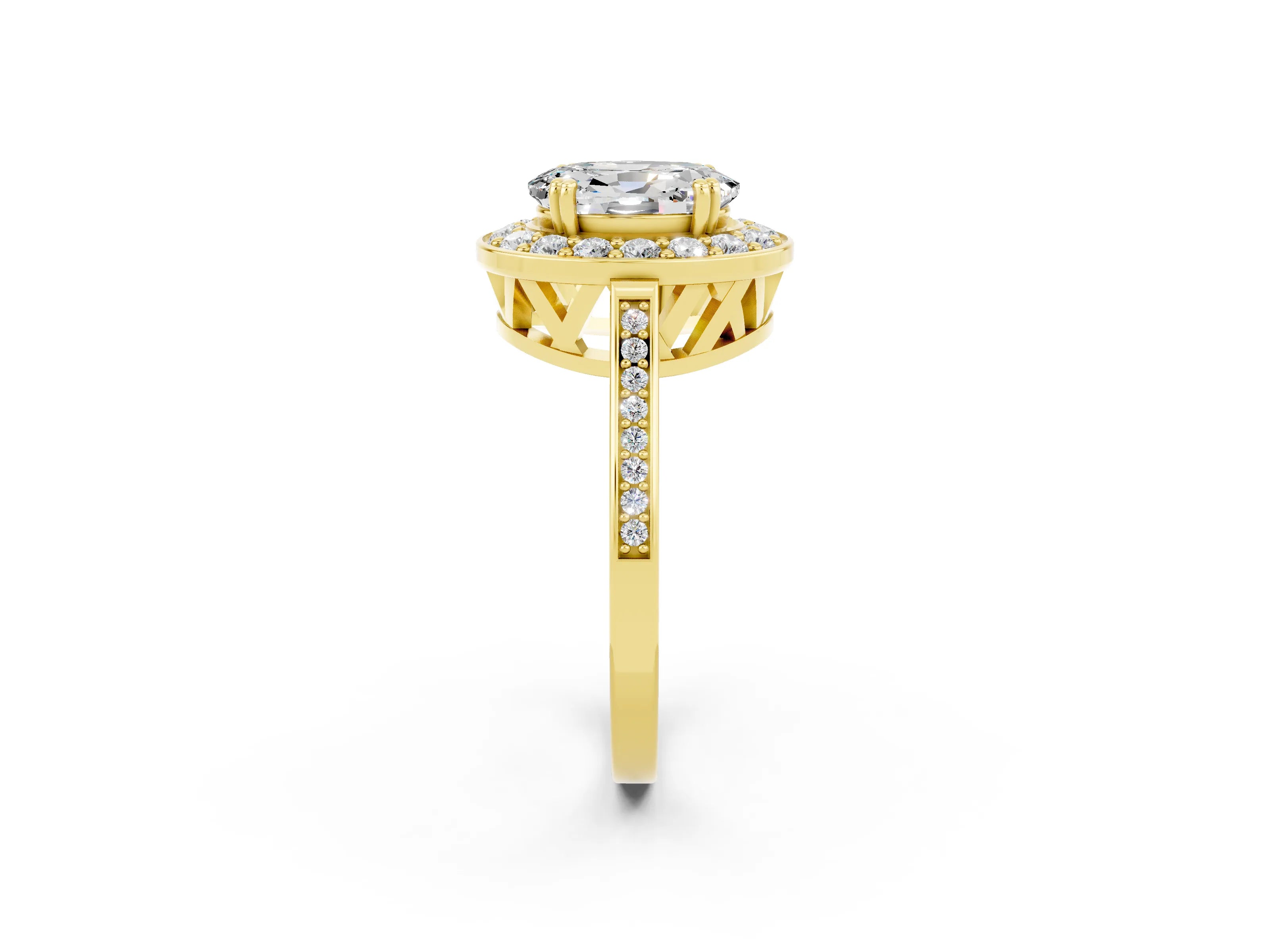 Yellow gold {shape_name} Moissanite Halo Ring with Split Shank and Four-Prong Setting_2