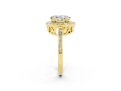 Yellow gold {shape_name} Moissanite Halo Ring with Split Shank and Four-Prong Setting_2