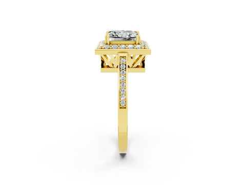 Yellow gold {shape_name} Moissanite Halo Ring with Split Shank and Four-Prong Setting_2