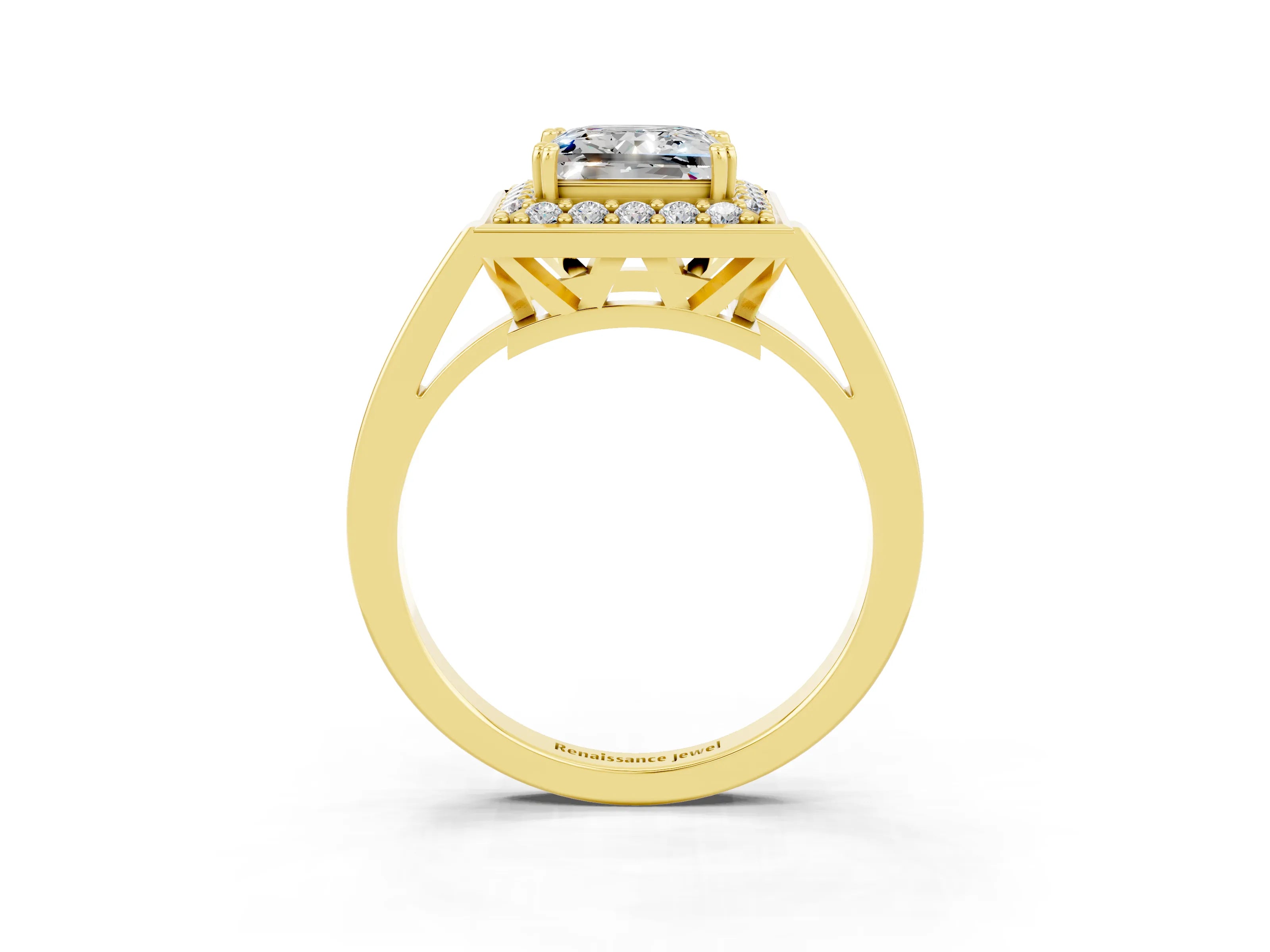 Yellow gold {shape_name} Moissanite Halo Ring with Split Shank and Four-Prong Setting_3