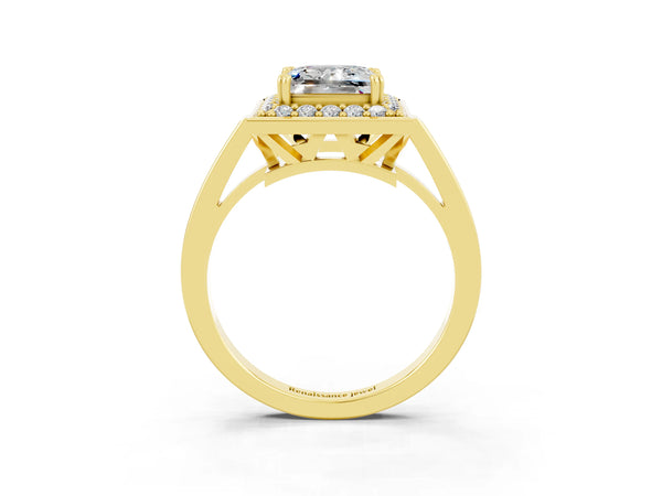 Yellow gold Princess Cut Moissanite Halo Ring with Split Shank and Four-Prong Setting