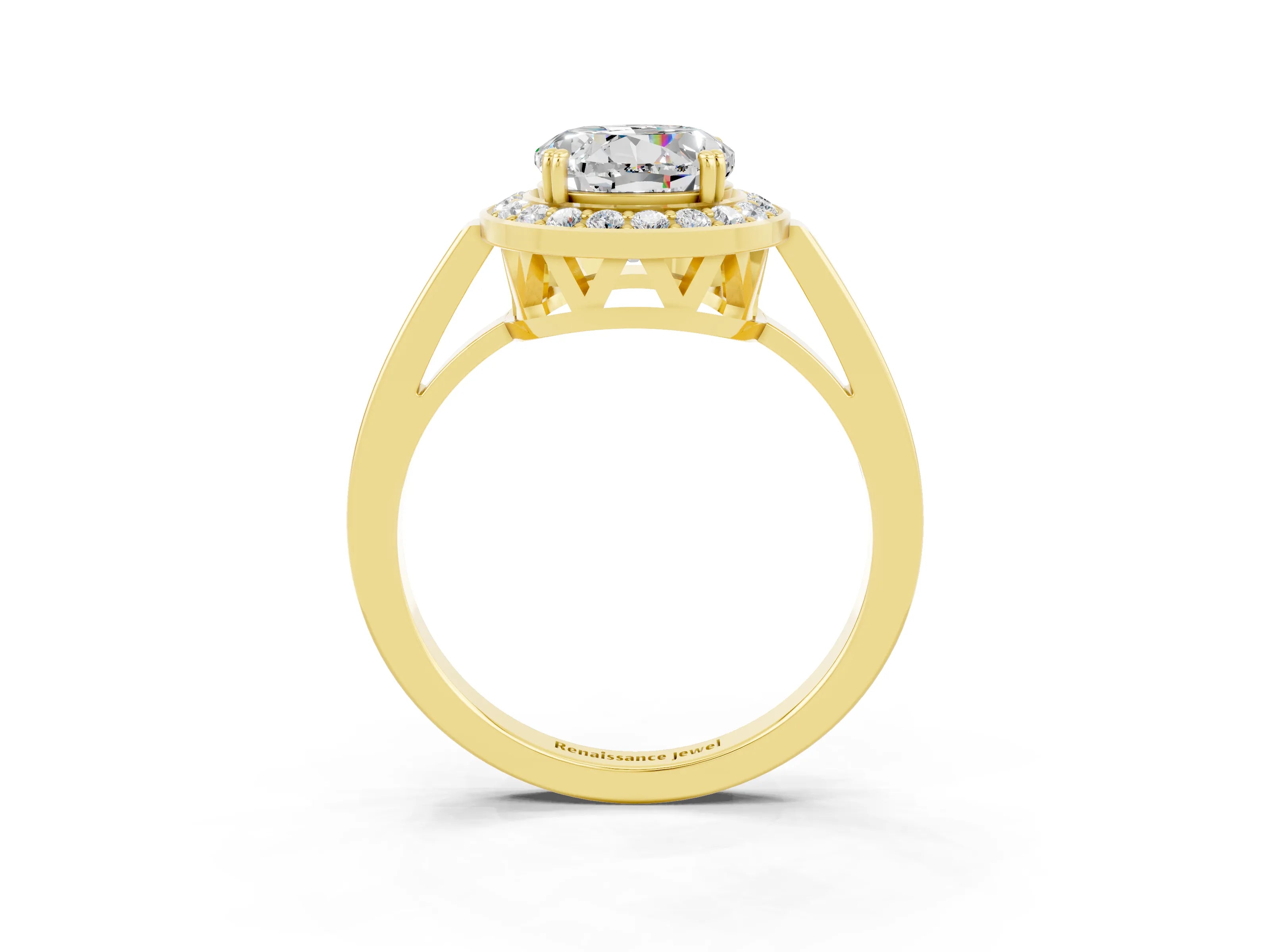 Yellow gold {shape_name} Moissanite Halo Ring with Split Shank and Four-Prong Setting_3