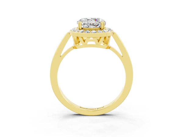 Yellow gold Round Cut Moissanite Halo Ring with Split Shank and Four-Prong Setting