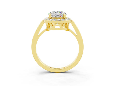 Yellow gold {shape_name} Moissanite Halo Ring with Split Shank and Four-Prong Setting_3
