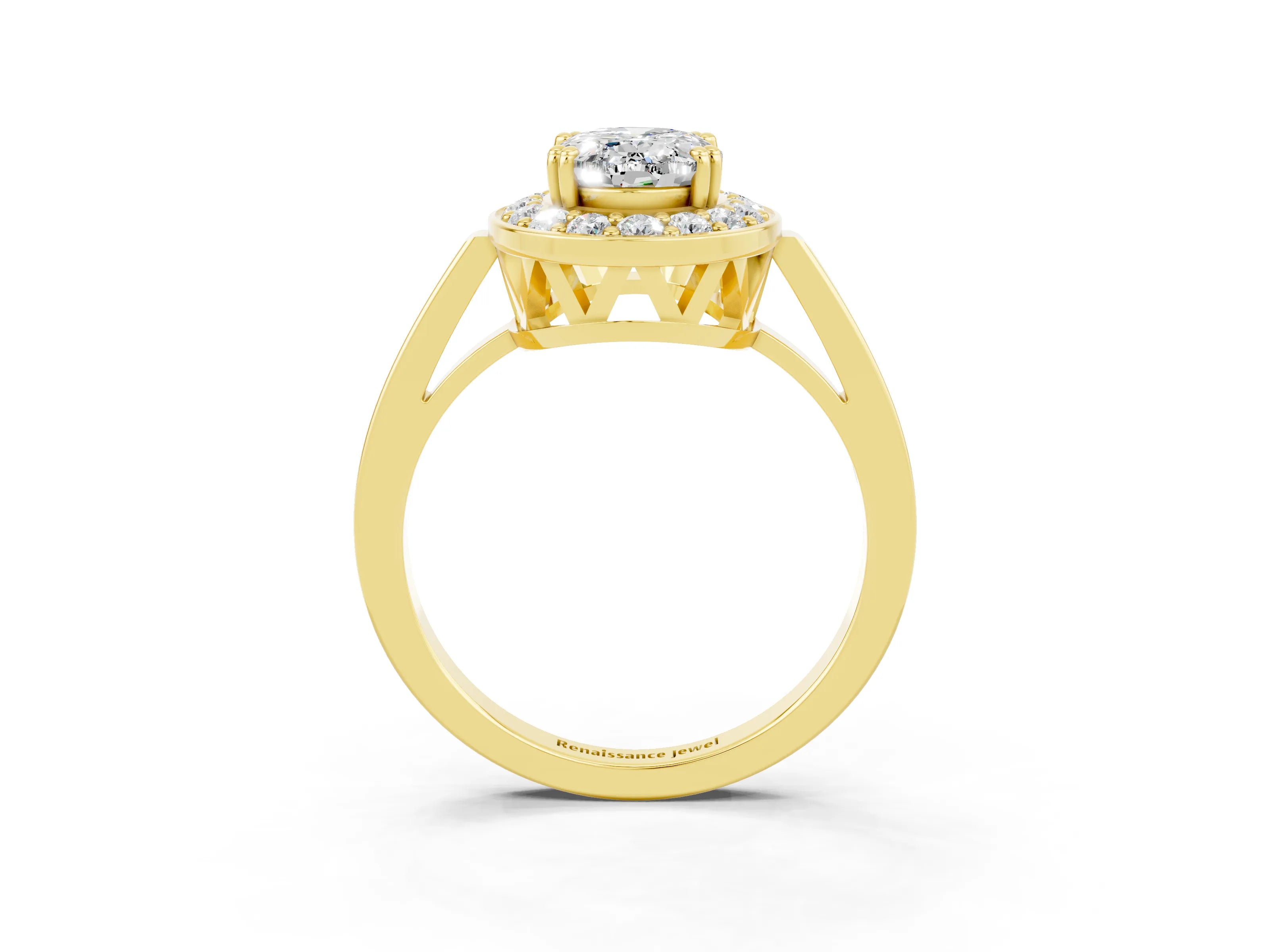 Yellow gold {shape_name} Moissanite Halo Ring with Split Shank and Four-Prong Setting_3