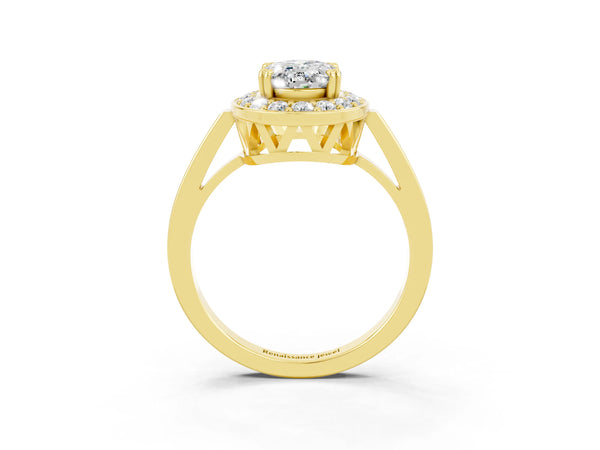 Yellow gold Oval Cut Moissanite Halo Ring with Split Shank and Four-Prong Setting