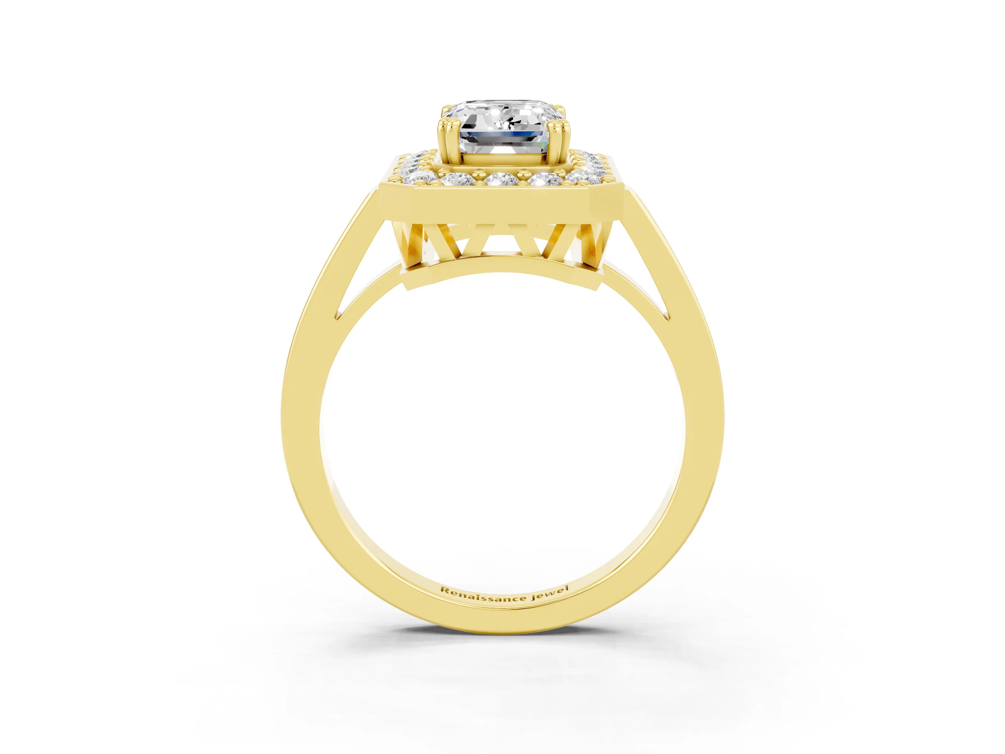 Yellow gold {shape_name} Moissanite Halo Ring with Split Shank and Four-Prong Setting_3