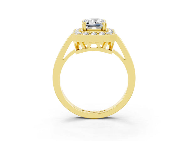 Yellow gold Emerald Cut Moissanite Halo Ring with Split Shank and Four-Prong Setting