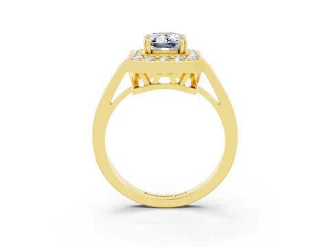 Yellow gold {shape_name} Moissanite Halo Ring with Split Shank and Four-Prong Setting_3