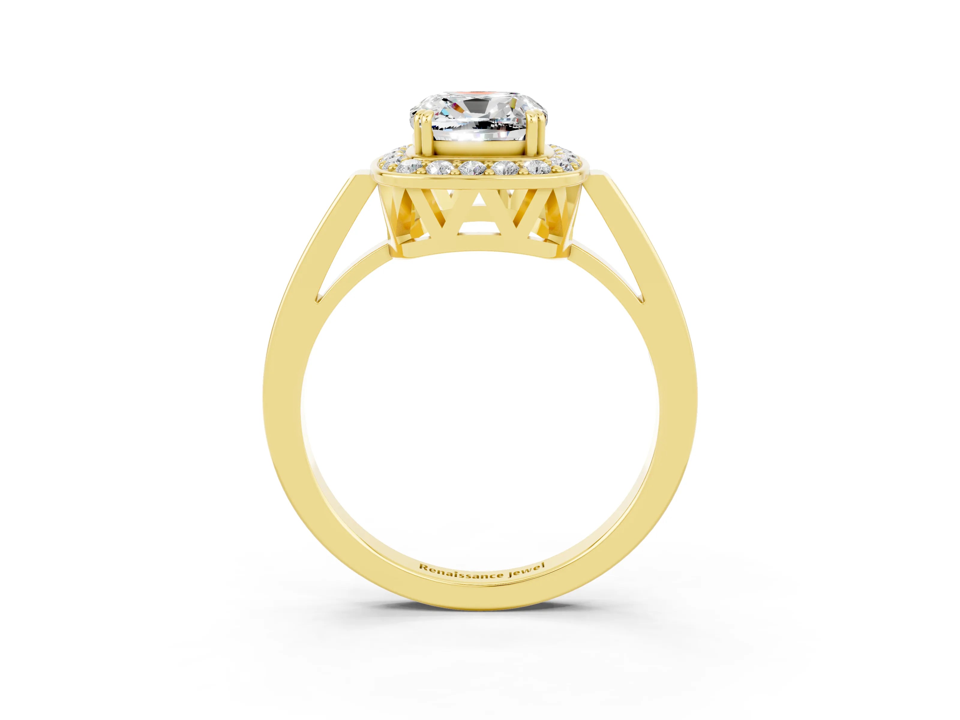 Yellow gold {shape_name} Moissanite Halo Ring with Split Shank and Four-Prong Setting_3