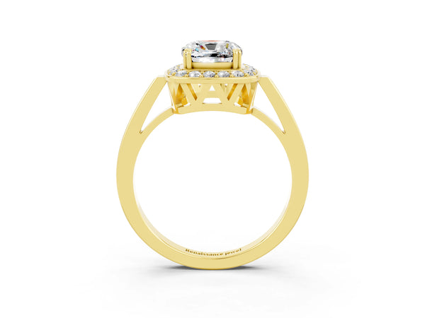 Yellow gold Cushion Cut Moissanite Halo Ring with Split Shank and Four-Prong Setting