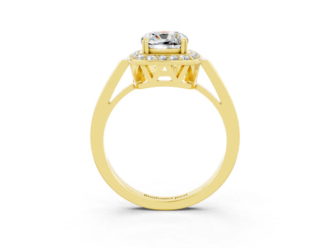 Yellow gold {shape_name} Moissanite Halo Ring with Split Shank and Four-Prong Setting_3
