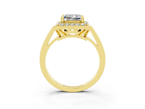 Yellow gold {shape_name} Moissanite Halo Ring with Split Shank and Four-Prong Setting_3