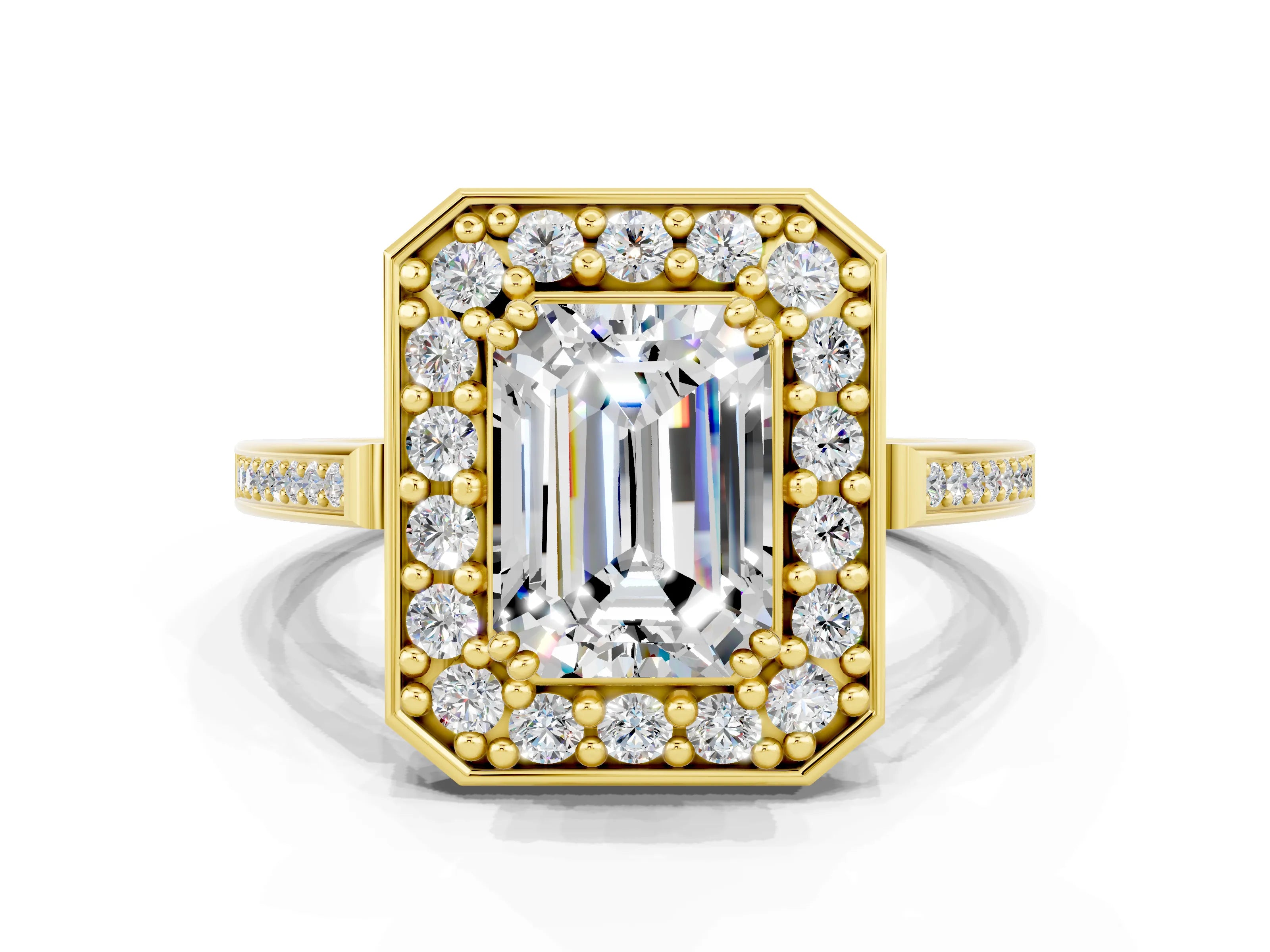 Yellow gold {shape_name} Moissanite Halo Ring with Split Shank and Four-Prong Setting