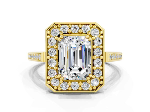 Yellow gold Emerald Cut Moissanite Halo Ring with Split Shank and Four-Prong Setting