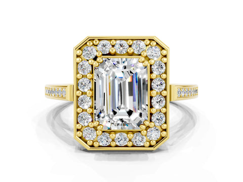 Yellow gold {shape_name} Moissanite Halo Ring with Split Shank and Four-Prong Setting