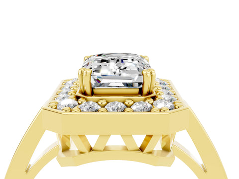 Yellow gold {shape_name} Moissanite Halo Ring with Split Shank and Four-Prong Setting_4