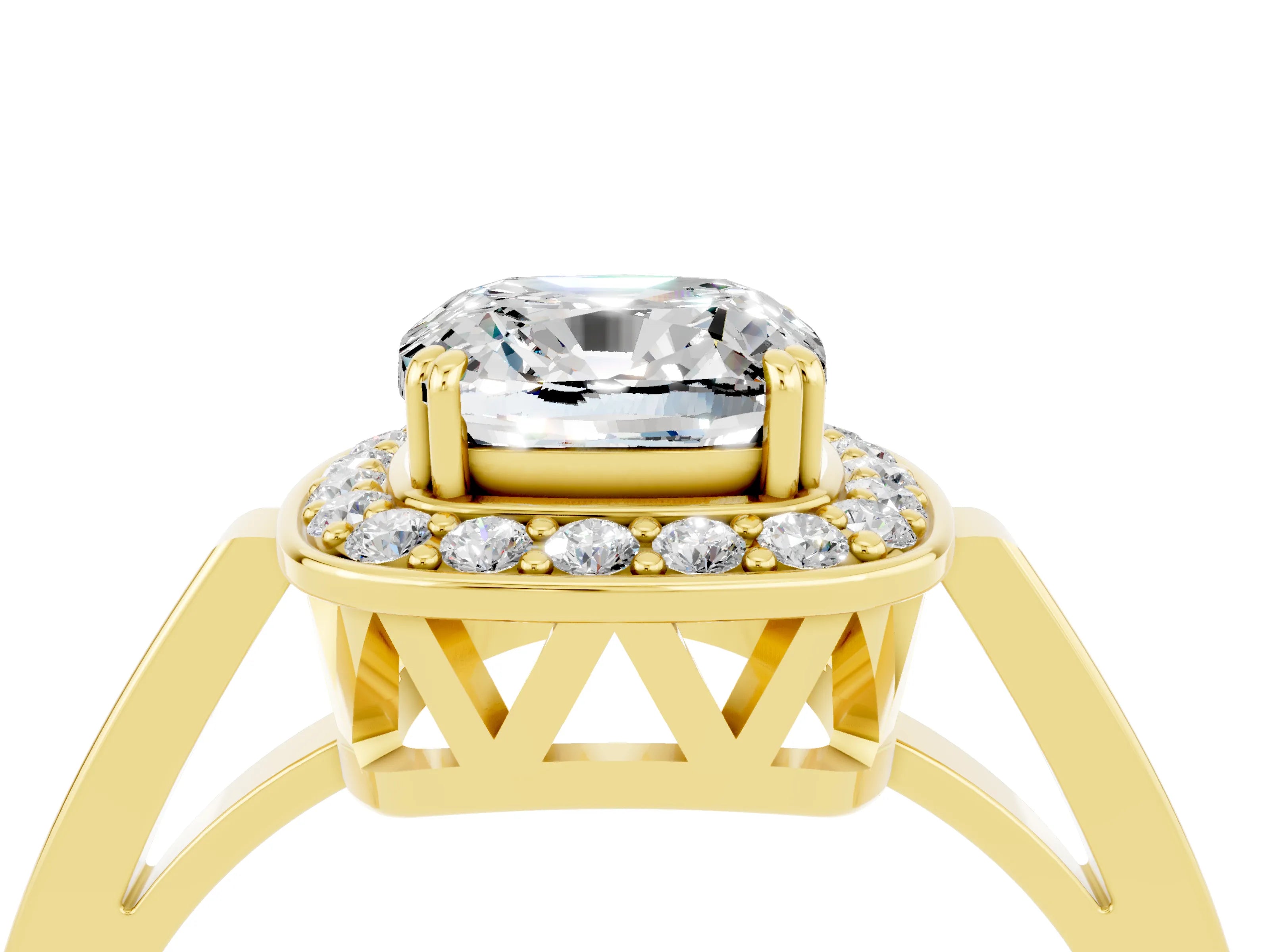 Yellow gold {shape_name} Moissanite Halo Ring with Split Shank and Four-Prong Setting_4
