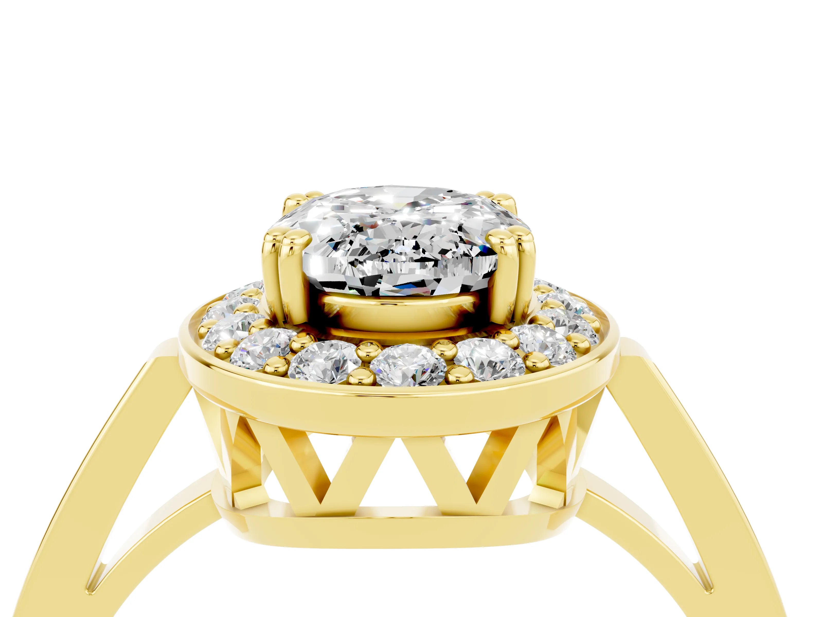 Yellow gold {shape_name} Moissanite Halo Ring with Split Shank and Four-Prong Setting_4