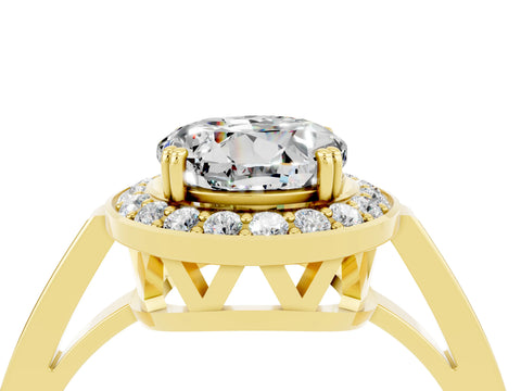 Yellow gold {shape_name} Moissanite Halo Ring with Split Shank and Four-Prong Setting_4