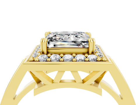 Yellow gold {shape_name} Moissanite Halo Ring with Split Shank and Four-Prong Setting_4